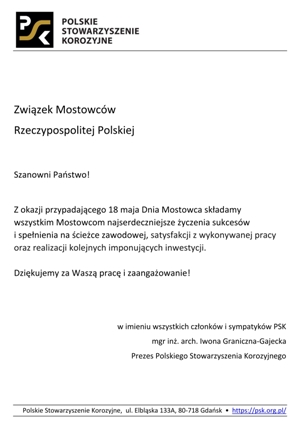 Dzie Mostowca 2024 - yczenia PSK